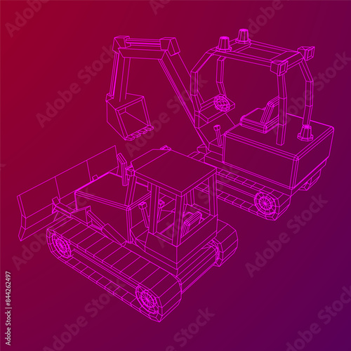 Heavy equipment excavator machine manufacturing power equipment for open pit mining. Wireframe low poly mesh vector illustration
