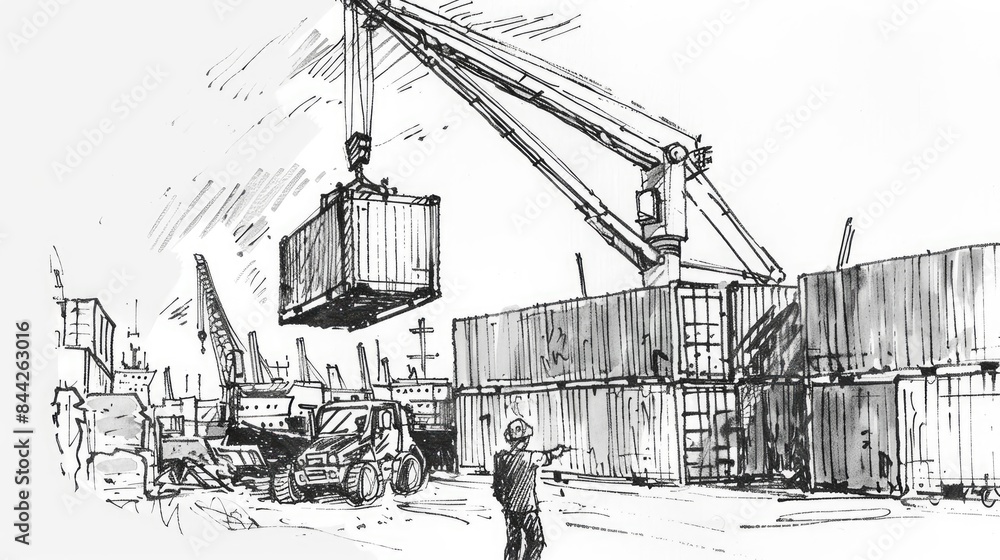 Obraz premium Black and white sketch of a crane driver lifting a container in a busy port, stark contrast, Minimalist, Ink, Monochrome