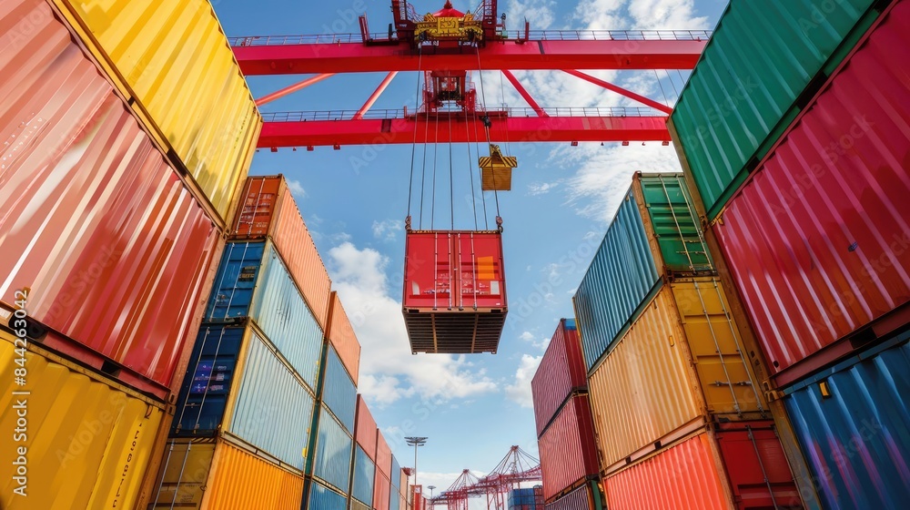 Fototapeta premium Container being lifted at shipping port front view Cargo handling efficiency digital tone Analogous Color Scheme