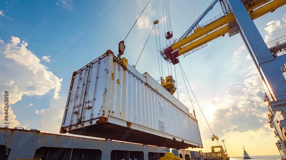 Fototapeta premium Container being loaded onto a shipping ship side view Efficient cargo loading digital tone Monochromatic Color Scheme