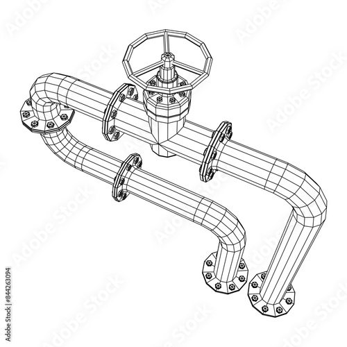 Oil pipeline with valve. Petrol production. Petroleum fuel industry transportation line. Wireframe low poly mesh vector illustration