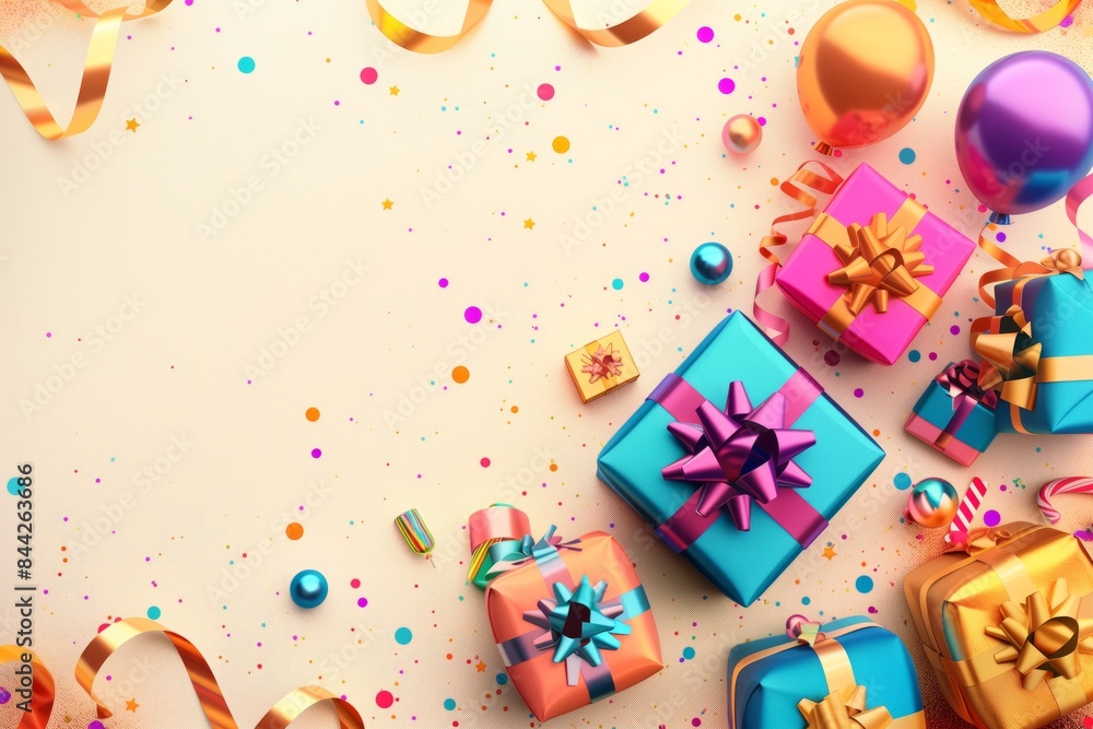 Fototapeta premium Colorful birthday background with a gift boxes, confetti and place for text. AI generative