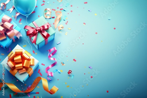 Colorful birthday background with a gift boxes, confetti and place for text. AI generative