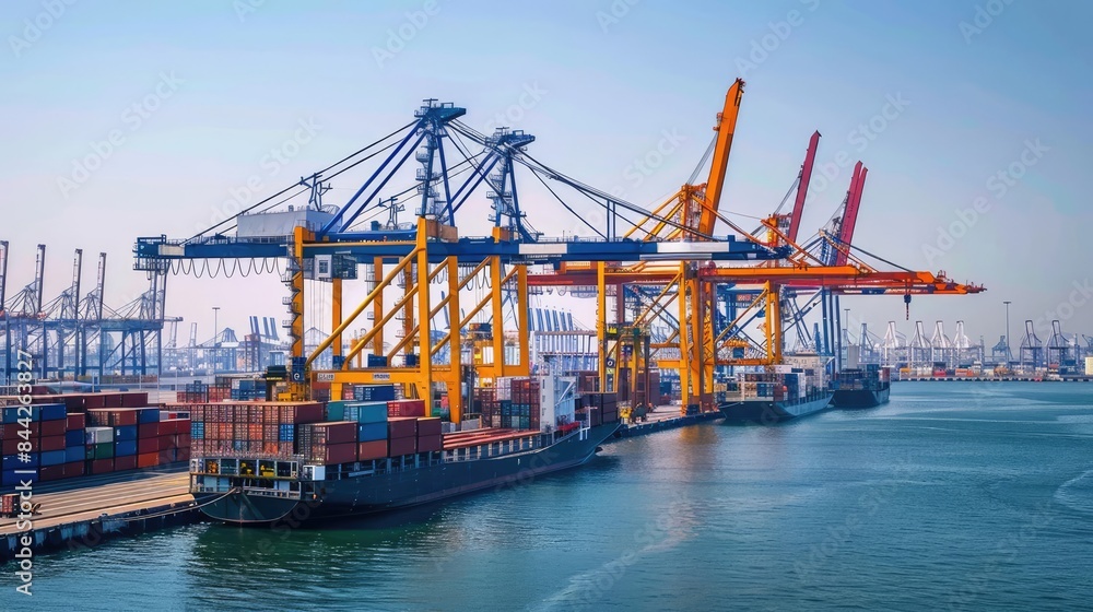 Port with cranes and containers bustling front view Busy port operations cybernetic tone Triadic Color Scheme Port with cranes and containers bustling front view Busy port operations cybernetic tone Triadic Color Scheme