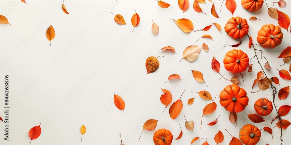 Flat lay with a pumpkins and fall leaves on a white background with a place for text. AI generative Flat lay with a pumpkins and fall leaves on a white background with a place for text. AI generative