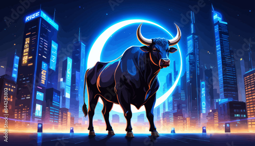 a bull standing in the middle of a city at night