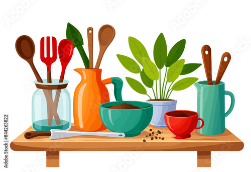 a wooden table topped with cups and utensils