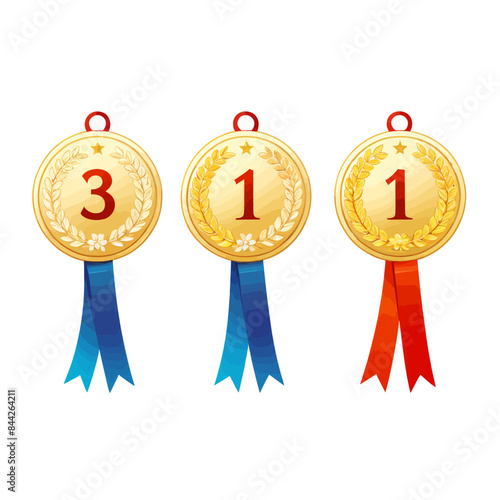 three medals with ribbons in the shape of numbers