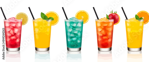 a row of different colored drinks with straws