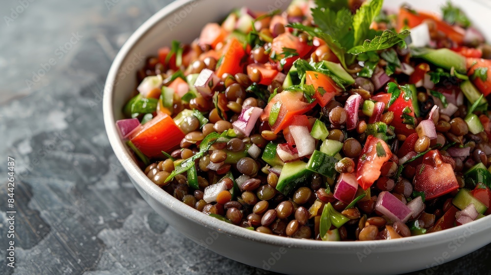 Lentil salad served on a white dish Lentil salad served on a white dish
