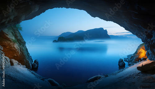 Dramatic foggy lake landscape as seen from a spooky cave.