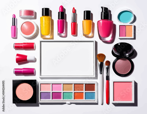 a variety of cosmetics and makeup products arranged on a white surface