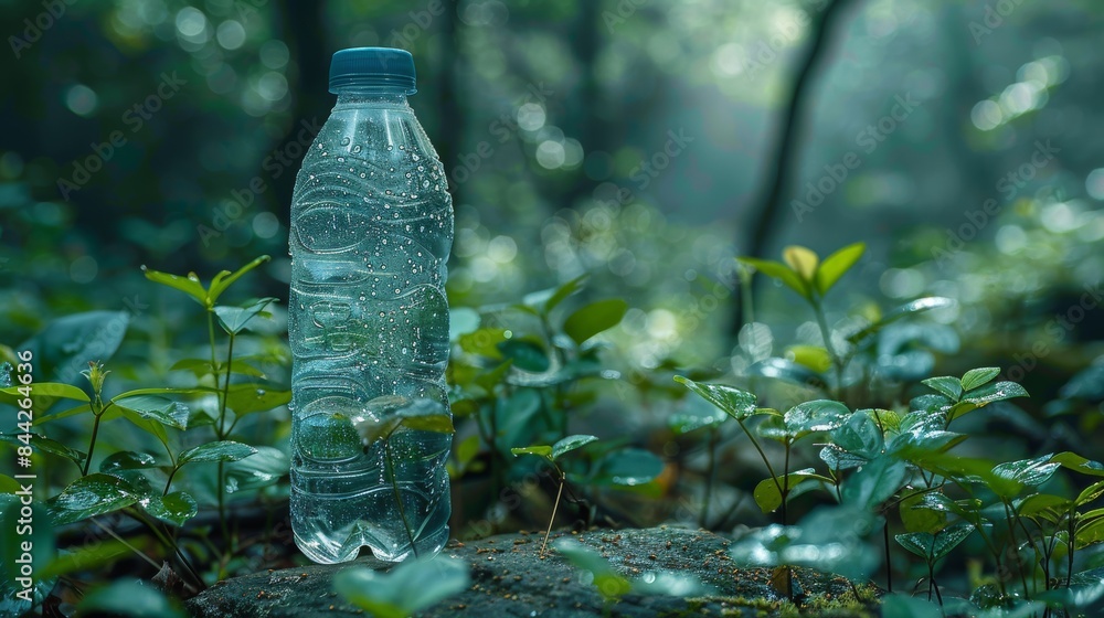 Plastic water bottle standing on a rock in the middle of lush vegetation Plastic water bottle standing on a rock in the middle of lush vegetation
