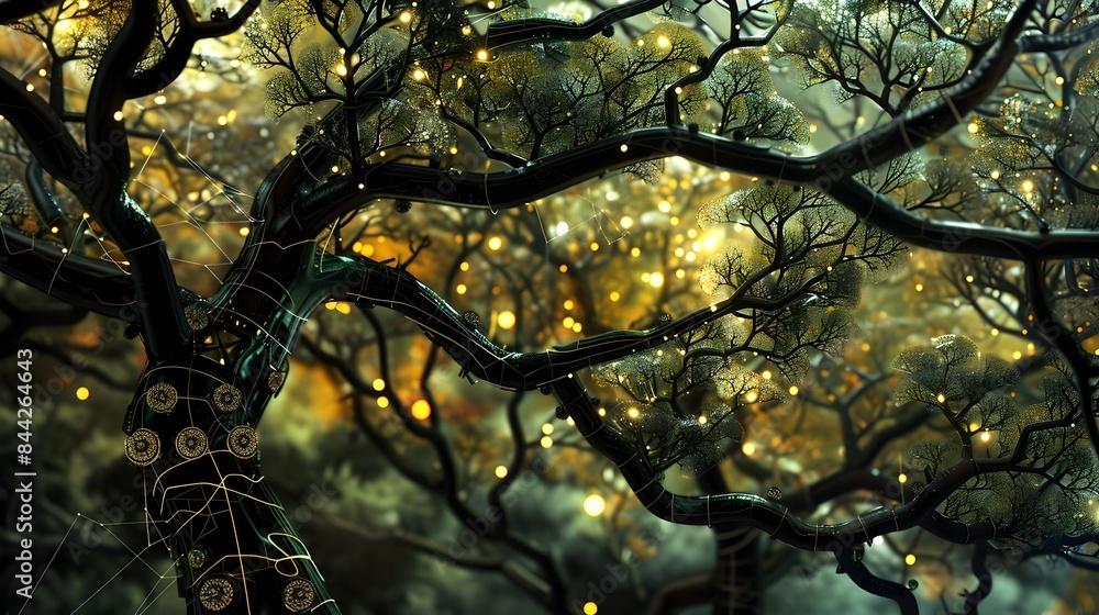 Bio Mechanical Cybernetic Trees Blending Nature and Technology in a Futuristic Fantasy Landscape Bio Mechanical Cybernetic Trees Blending Nature and Technology in a Futuristic Fantasy Landscape
