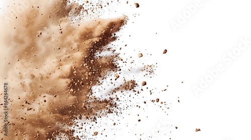 Close-up of dry soil erupting into the air creating a cloud of dust against a white background.