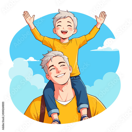 an older man sitting on the shoulders of a younger man