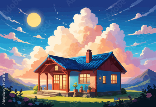 a painting of a house in the middle of a field
