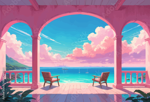 a painting of two chairs on a porch overlooking the ocean