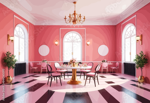 a dining room with pink walls and black and white checkered floor