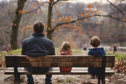 A father sitting on a park bench watching his children play but feeling distant and disconnected from their laughter and joy