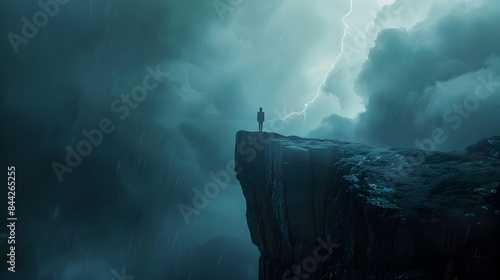 Lone figure standing on the edge of a cliff during a dramatic thunderstorm photo