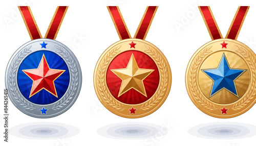 three medals with red, white and blue ribbons