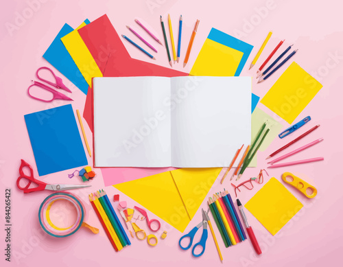 an open book surrounded by school supplies on a pink background