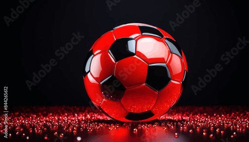 a red and black soccer ball sitting on top of a table