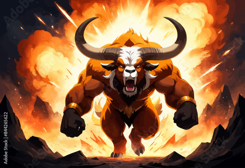 a bull with horns running through a fire filled sky