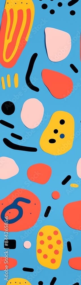 Colorful abstract pattern with random shapes and playful design on blue background. Perfect for modern art and decorative projects. Colorful abstract pattern with random shapes and playful design on blue background. Perfect for modern art and decorative projects.