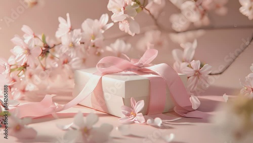 present gift box with tiny pale pink satin ribbon decorated with blooming sakura flowers on pale pink background, birthday, decorative, white, surprise, beautiful, wedding photo