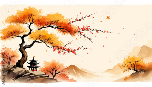 a painting of a tree with a pagoda in the background