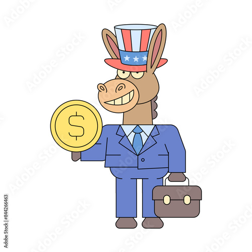 Donkey democrat holding dollar coin and smiles