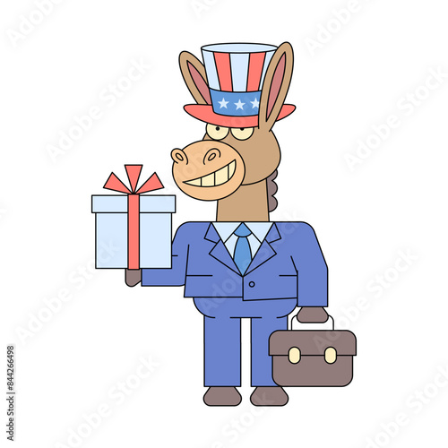 Donkey democrat holding gift box and smiles