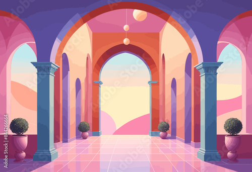a painting of a hallway with arches and potted plants