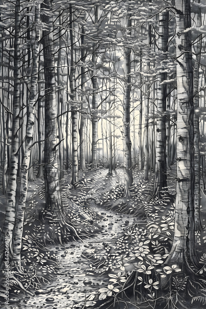 Fototapeta premium Serene Forest Landscape in Intricate Ink Line Art Depicting Tranquil River Amidst Towering Trees and Lush Undergrowth