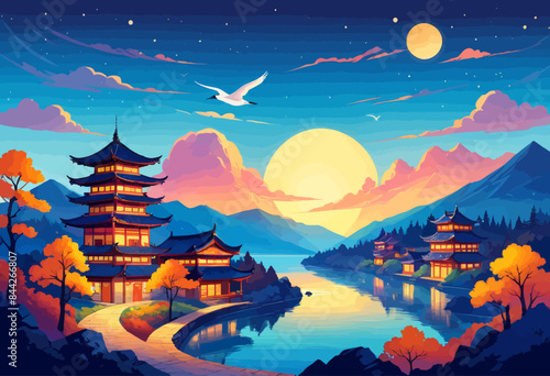 a painting of a landscape with a lake and pagodas