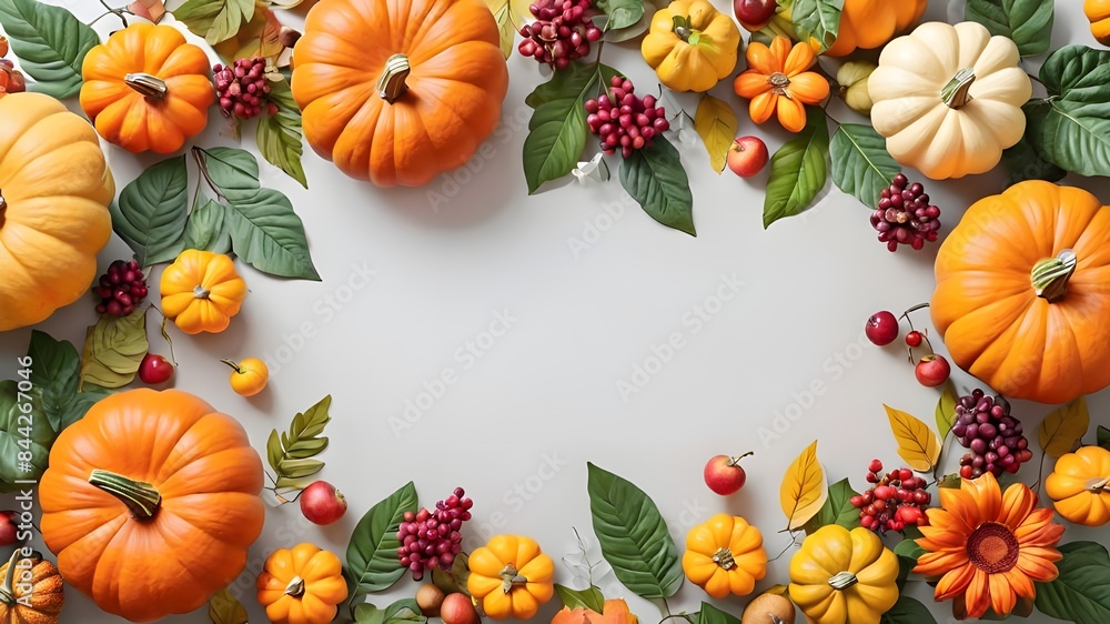 Obraz premium Bright background with beautiful thanksgiving decorating. Pumpkins with fruits, flowers, vegetables and leaves.