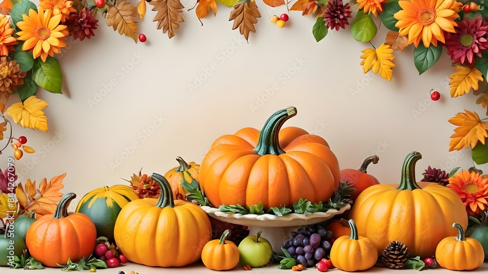 Bright background with beautiful thanksgiving decorating. Pumpkins with fruits, flowers, vegetables and leaves. Bright background with beautiful thanksgiving decorating. Pumpkins with fruits, flowers, vegetables and leaves.