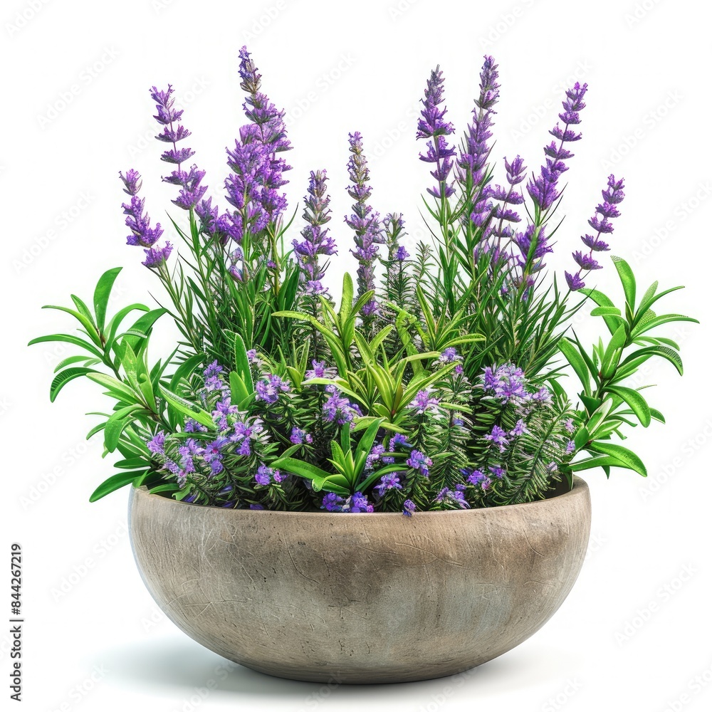 Fototapeta premium A pot of lavender plants combined with aromatic herbs like rosemary and thyme