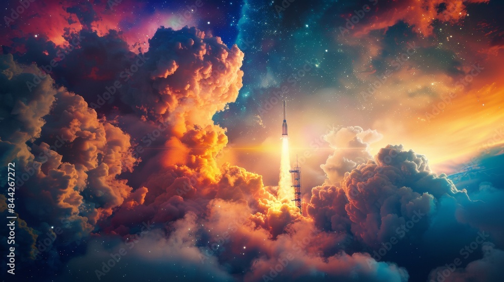 3D rendering of a rocket launch, with colorful clouds and sun rays in the sky 3D rendering of a rocket launch, with colorful clouds and sun rays in the sky