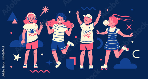 Fun tanager kids enjoying careless summer. Skater boy, girl on roller blades, casual style teenagers showing cool gestures. Happy colorful hand drawn concept. Vector illustration.