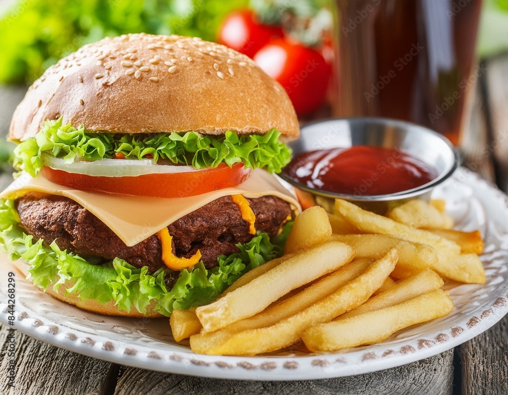 Burger and fries on plate and wooden table. Delicious fast food Burger and fries on plate and wooden table. Delicious fast food