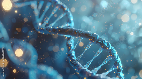3D render double helix DNA strands on blue background, Close up of a DNA strand.