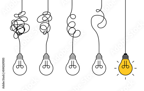 Hanging light bulbs with one glowing on white background. Concept of idea