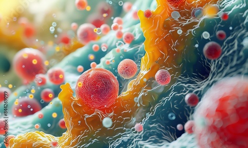 Microscopic viewing of fat cells reveals large fat droplets and their peripheral nuclei. photo