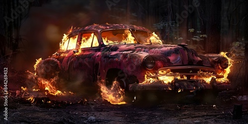 Vintage car consumed by fire in eerie forest setting. Concept Abandoned Vintage Car, Fire Damage, Eerie Forest, Dramatic Scene photo