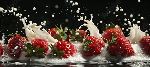 A group of strawberries with splash milk on the balck background