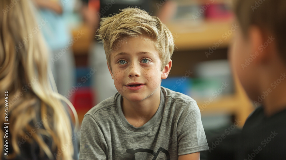 Childhood leadership : A young boy with blonde hair sits in a classroom, engaged in conversation with other children around him. Childhood leadership : A young boy with blonde hair sits in a classroom, engaged in conversation with other children around him.