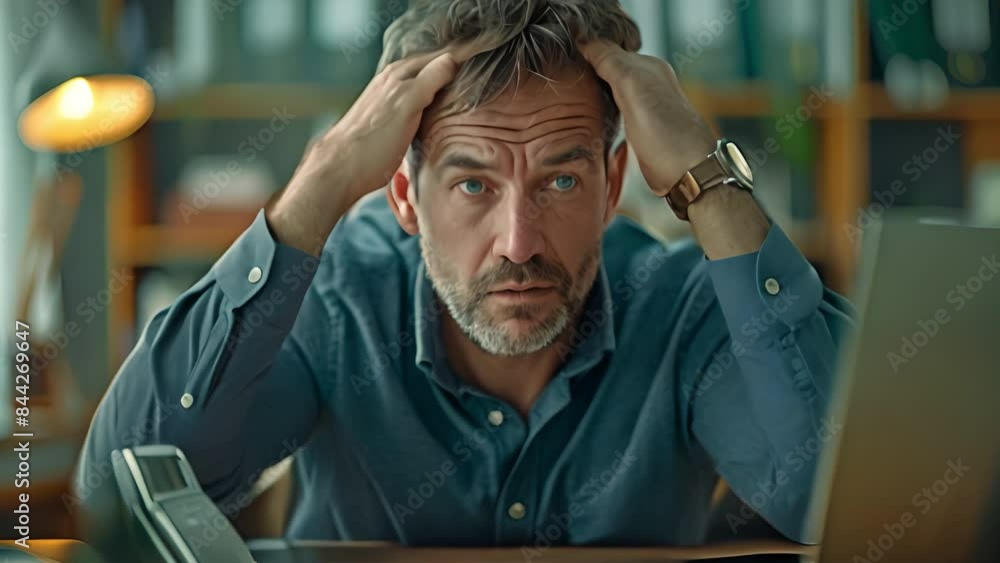 Anxious middle-aged businessman with his hands in his hair is seated at a desk in an office, feeling the strain of work and deadlines from the company. Anxious middle-aged businessman with his hands in his hair is seated at a desk in an office, feeling the strain of work and deadlines from the company.